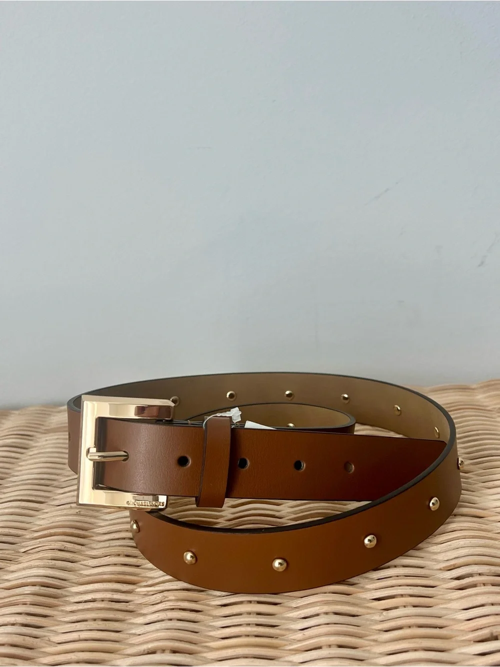 Michael Kors Cognac Studded Leather Belt Gold Buckle NWT L - Picture 2 of 6